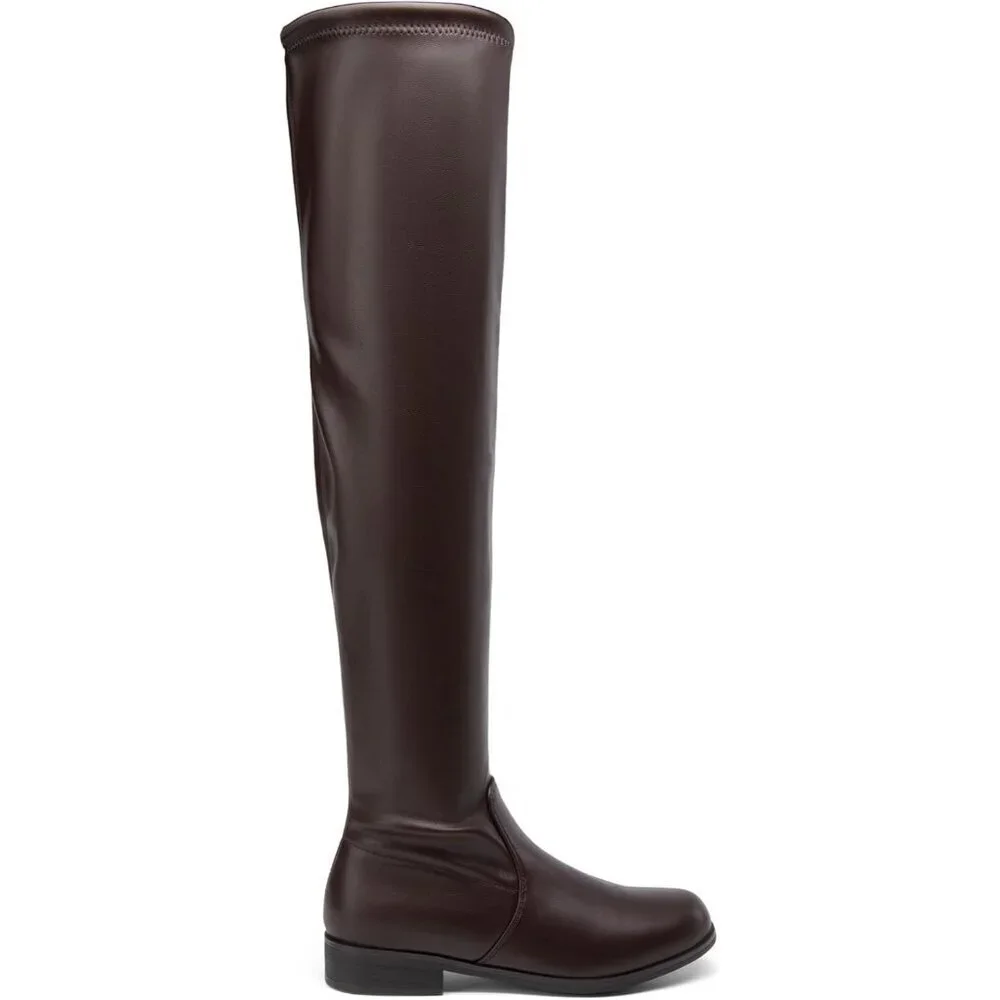 🆕Women's Brown-pu Thigh High Low Block Heel Casual Fashion Over the Knee Boots